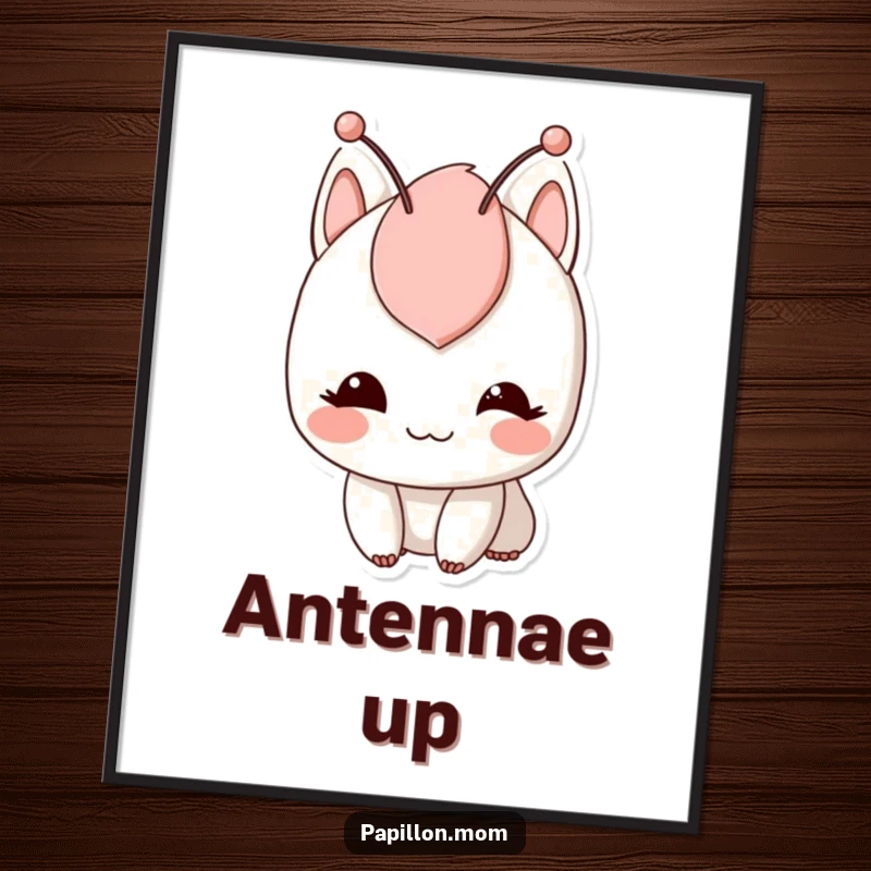 Funny digital art print depicting a character with a gentle smile and twitching antennae, conveying playful curiosity and charm.