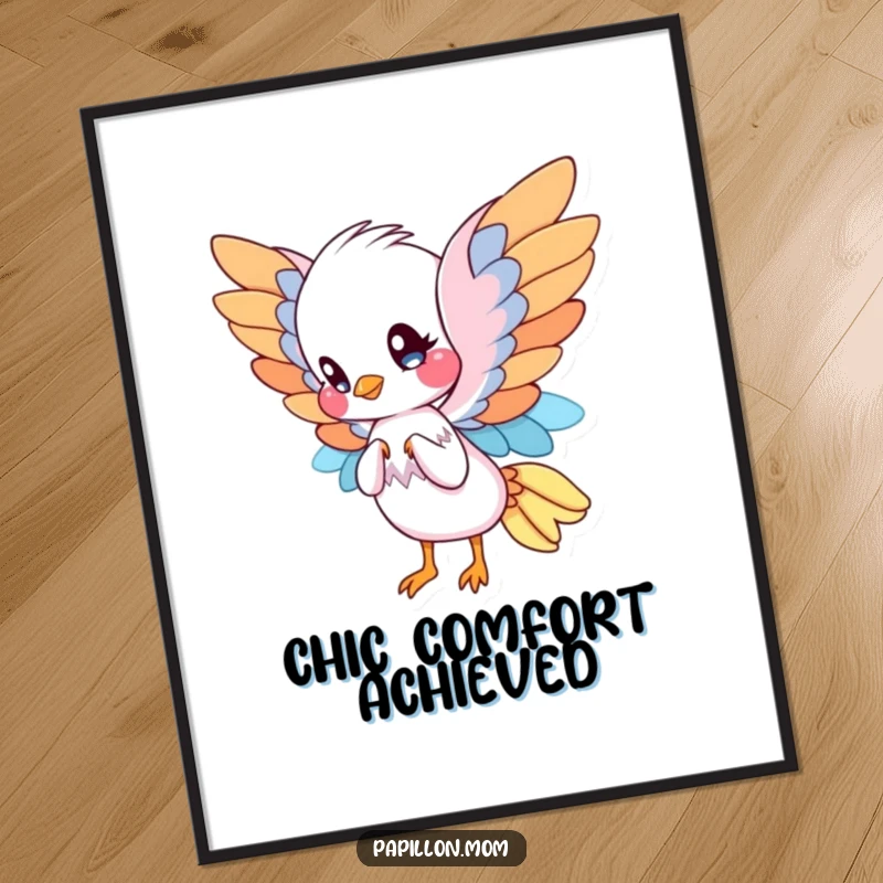 Funny Papillon digital art print of a cute Papillon with elegant, wing-like ears, gracefully fanning itself, radiating refined charm and humor.