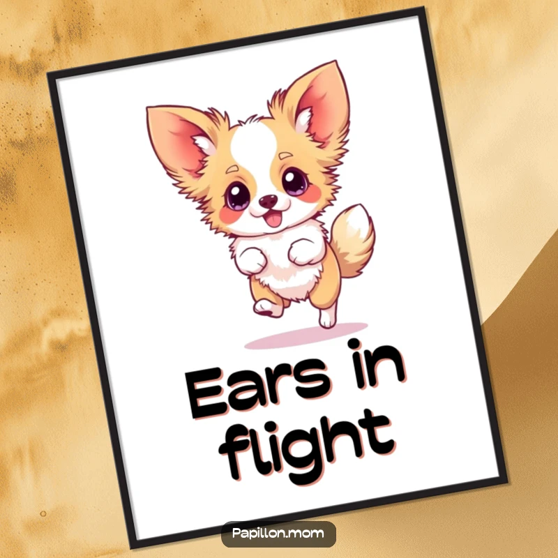 Funny Papillon digital art print of a dog doing a silly hop with blurred ears, full of energetic happiness.