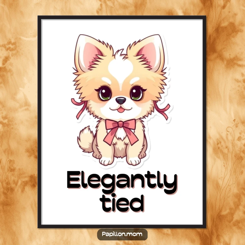 Funny Papillon dog digital art print of a dog adorned with delicate ribbons, perfect for elegant wall decor.