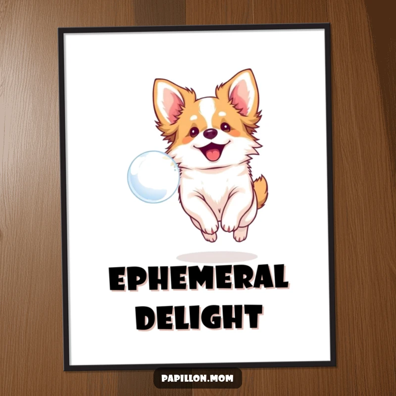 Funny digital art print of a smiling Papillon dog chasing a bubble, perfect for cheerful decor.