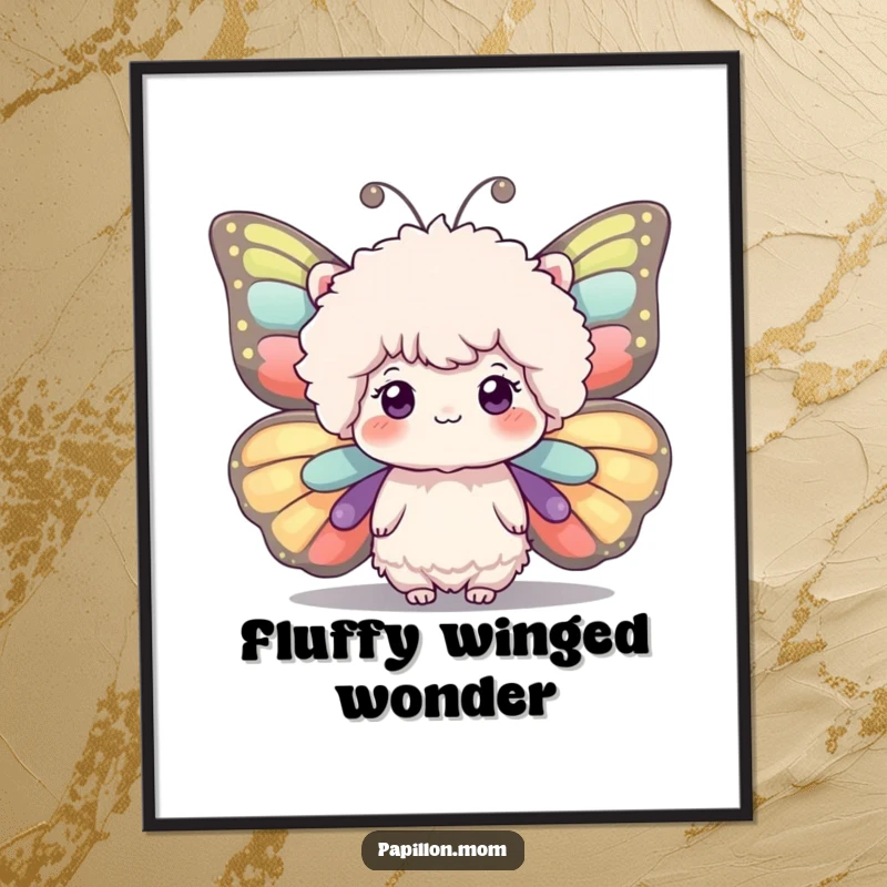 Funny digital art print of a fluffy head with large, expressive butterfly wings, evoking a sense of whimsy and dreamlike beauty.