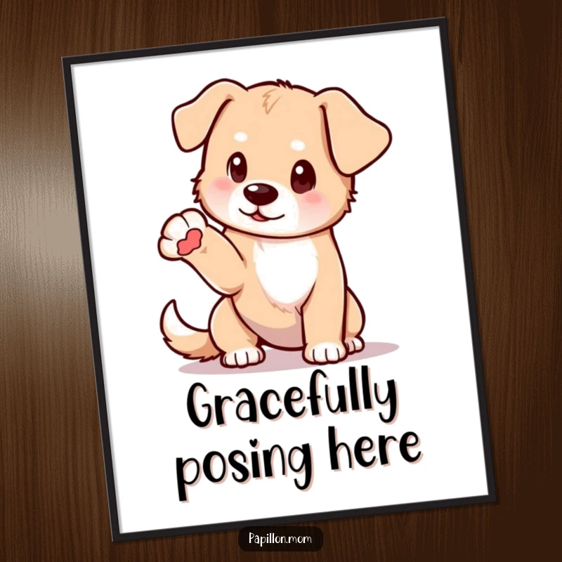 Funny digital art print of a dog in a delicate pose, one paw elegantly extended; high-resolution, printable wall art.