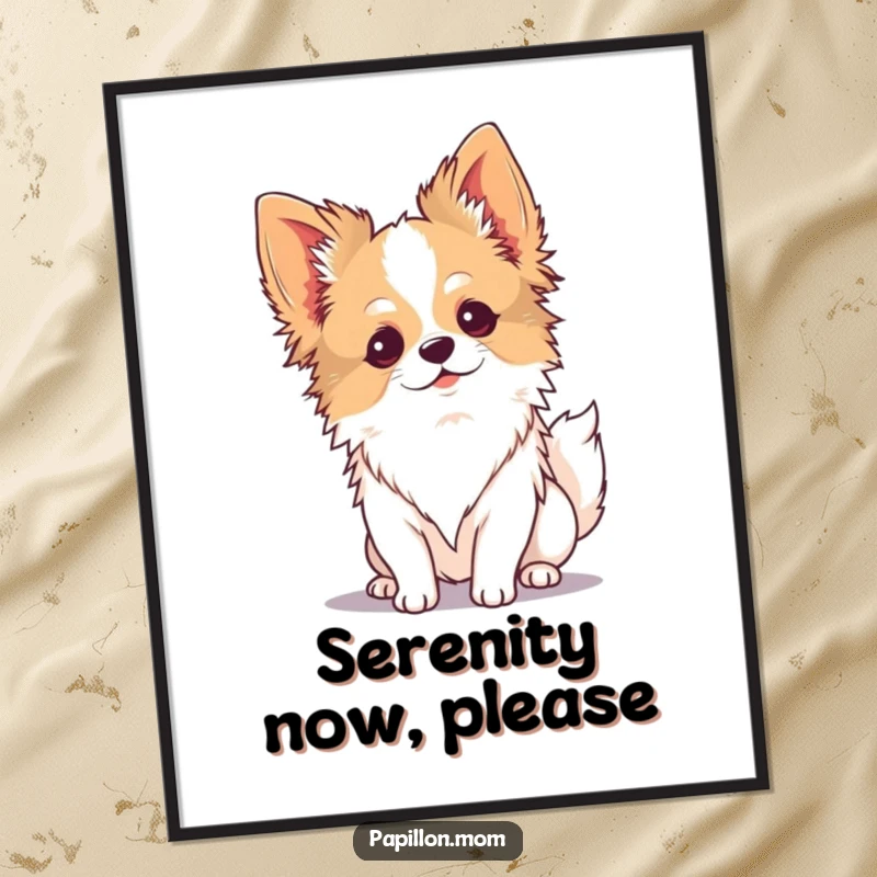 Funny Kawaii Papillon dog digital art print, serene pup enjoying a gentle breeze, calming and beautiful decor.