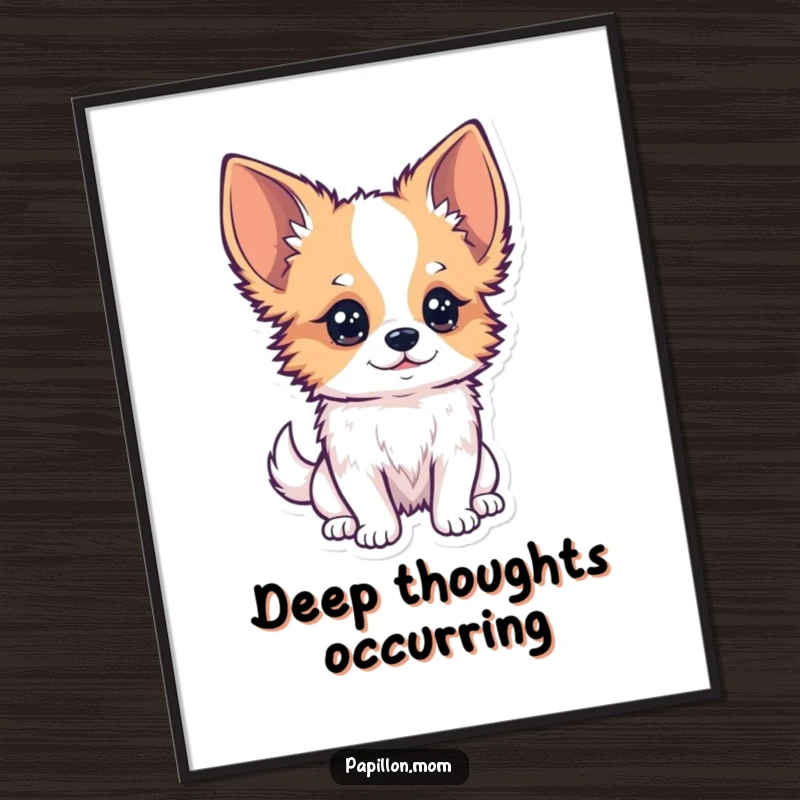 Funny Kawaii Papillon Dog Digital Art Print of a Papillon dog with a curious tilt of its head, observing closely, thoughtful artwork.