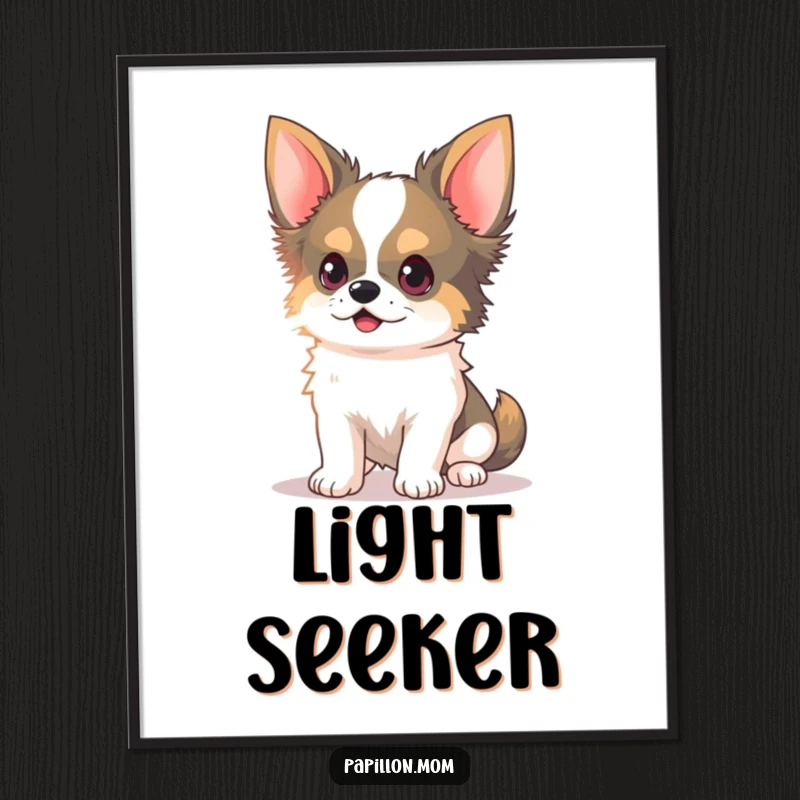 Funny Kawaii Papillon Dog Digital Art Print of a Papillon dog with delicate ears perked, chasing a light beam, playful artwork.