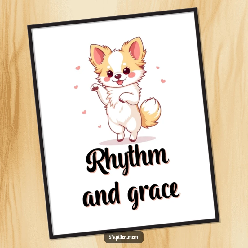 Funny Papillon dog performing an elegant dance with a flourish, as a high-resolution digital art print.