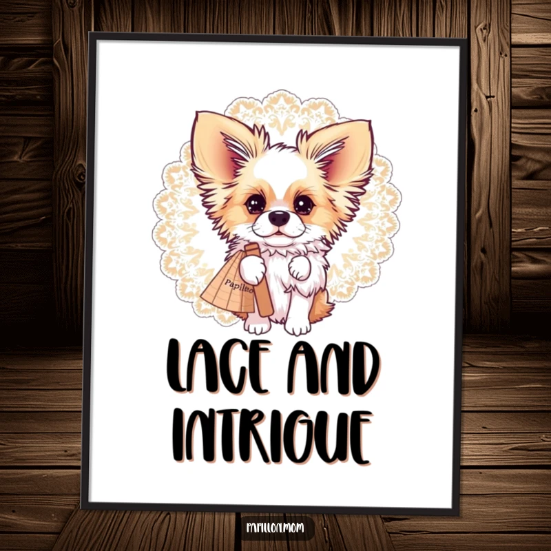 Funny Papillon dog’s playful face peeking from behind a large, ornate lace fan, as a high-resolution digital art print.