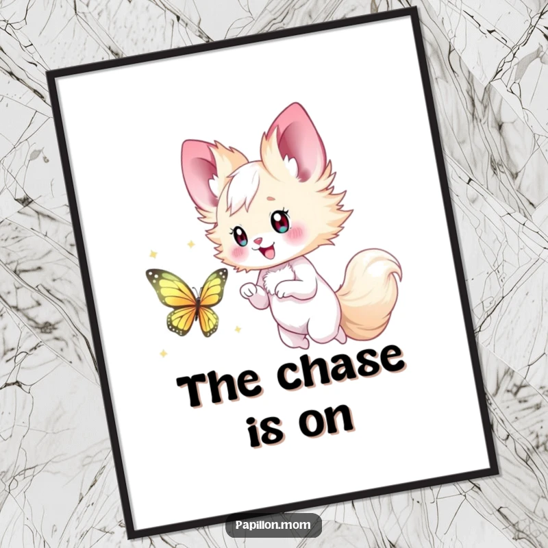 Funny Papillon Lady Digital Art Print of a happy chase after a shimmering butterfly, offering instant charm and playful wall decor.
