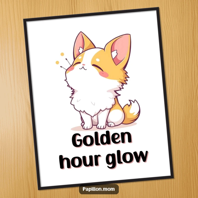 Funny Papillon digital art print of a dog sighing contentedly while looking up at the sun, full of peace.