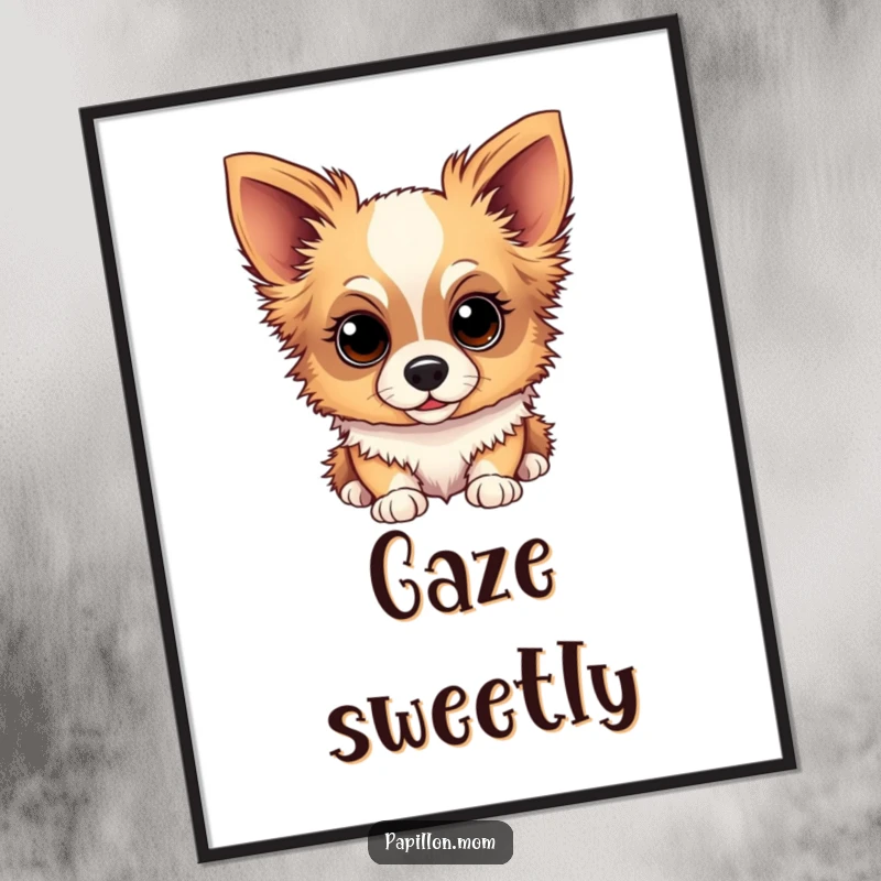 Funny Papillon dog digital art print of a dog with a sweet, gentle, and inquisitive gaze, ideal for decor.