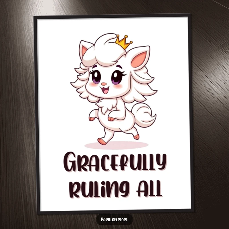 Funny Papillon digital art print of a proud Papillon dog prancing gracefully with a tiny crown, exuding regal charm and playful confidence.