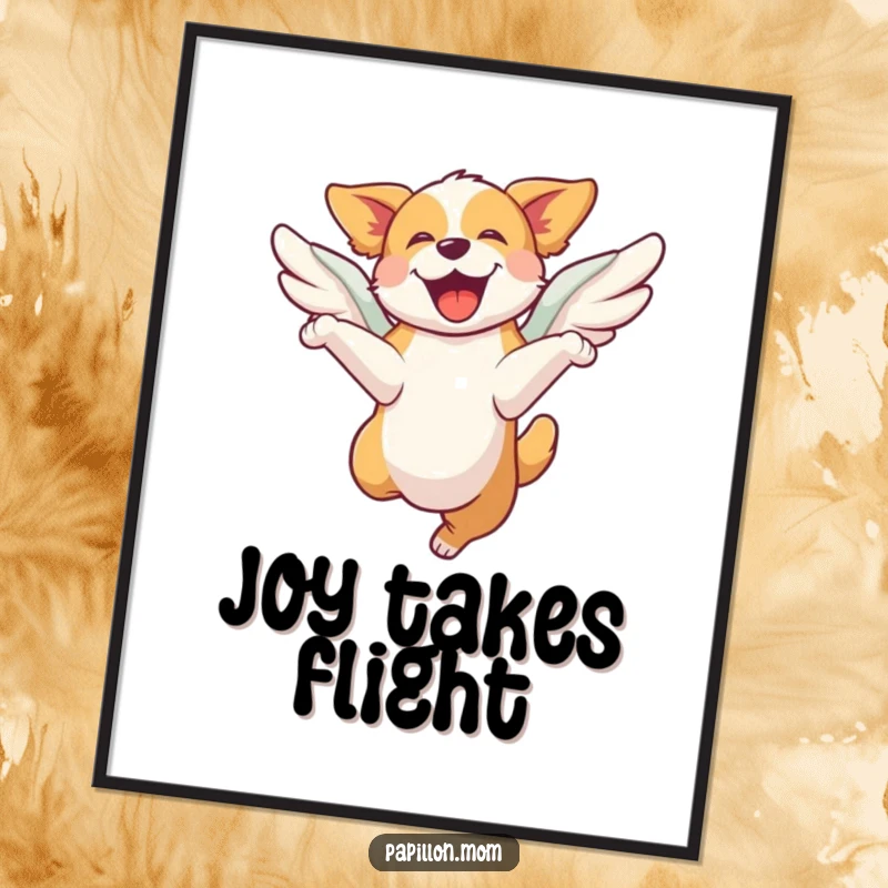 Funny digital art print of a dog leaping with joy, its wings providing an extra boost; high-resolution, printable wall art.