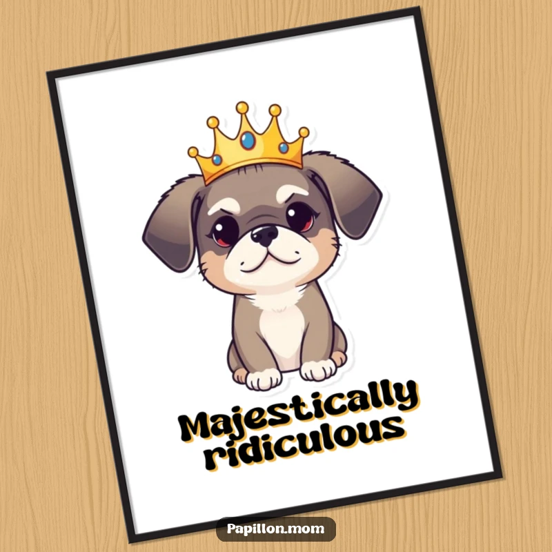 Funny Digital Art Print: A dog wears a small crown, exuding regal charm with a playful and majestic aura.
