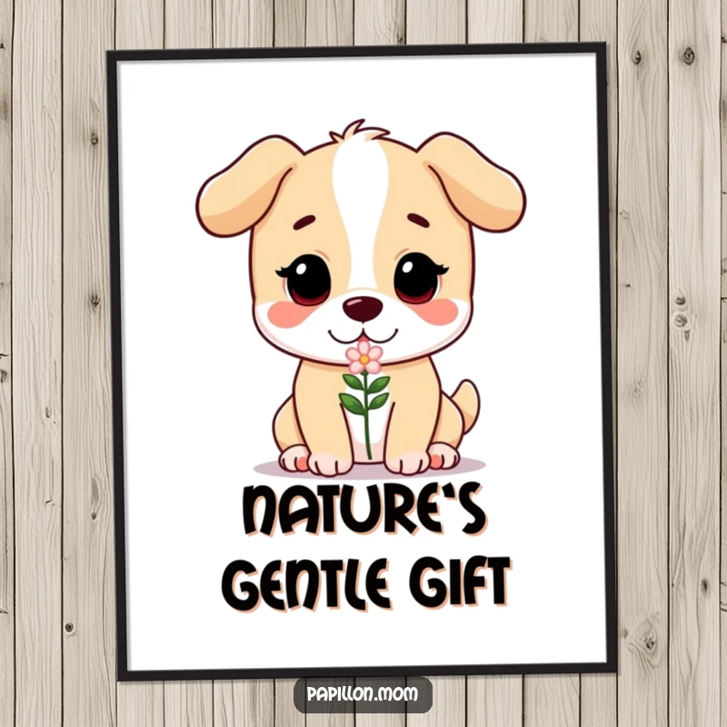 Funny digital art print of a dog with a sweet, gentle expression offering a small flower, ready to be printed and displayed.