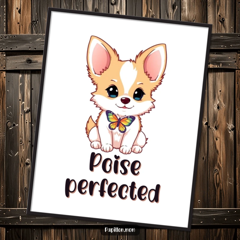 Funny Papillon dog digital art print of a dog balancing a butterfly on its nose, offering immediate humorous decor.