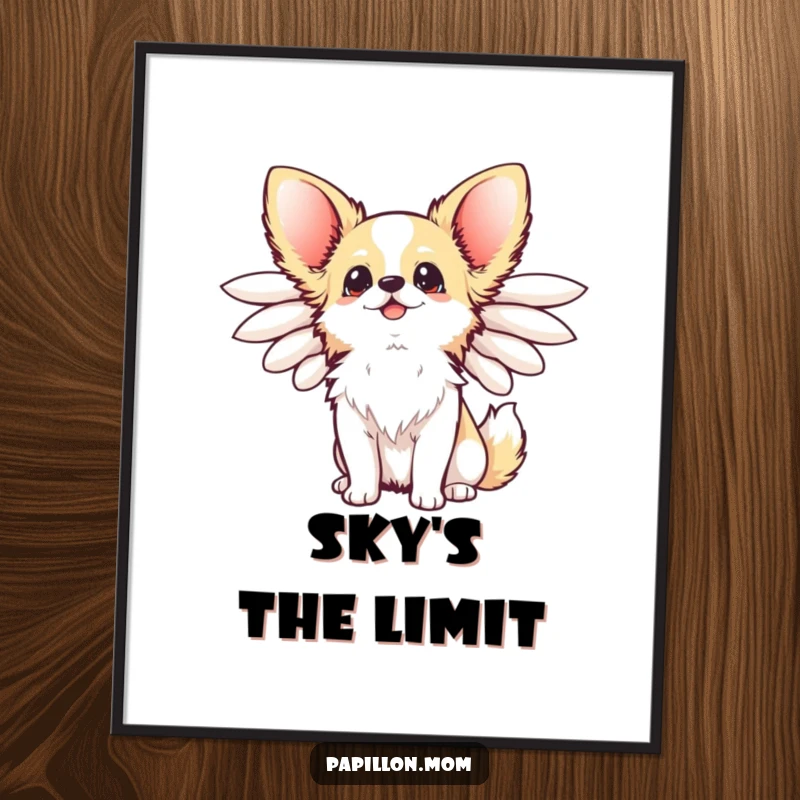 Funny Kawaii Papillon Dog Digital Art Print of a happy Papillon dog with elegant wings flared, looking up joyfully, enchanting art.