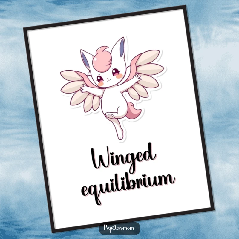 Funny digital art print of a character balancing on one paw with wings outstretched, embodying poise, skill, and a touch of whimsy.