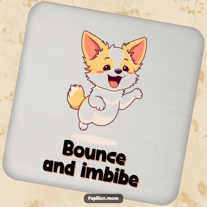 Funny Papillon dog coaster with a cute character in a graceful leap, offering surface protection with a touch of celebratory energy.