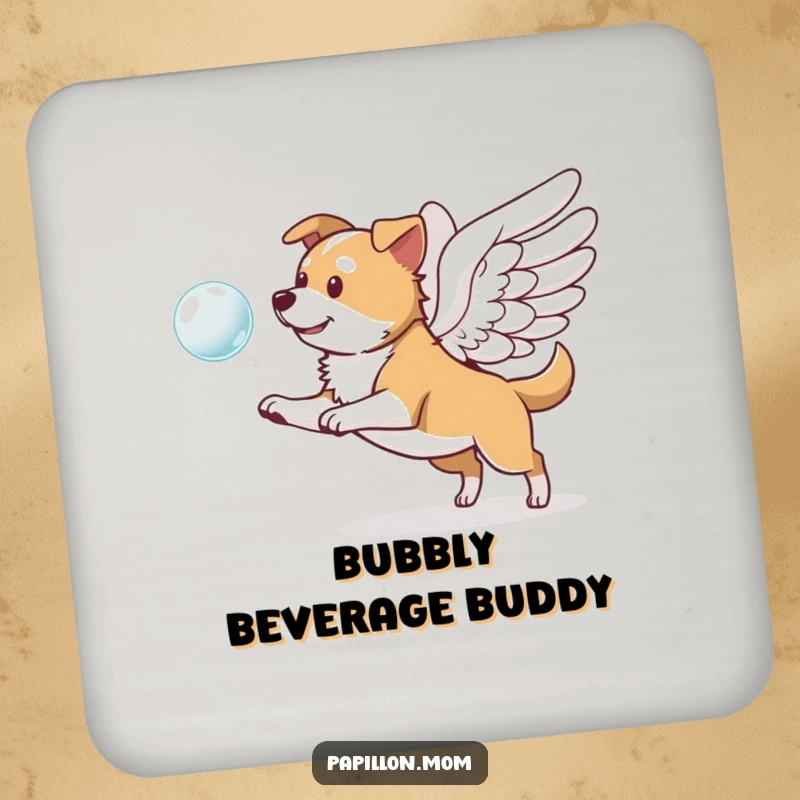Funny drink coaster with a dog with prominent wings, playfully chasing a floating bubble; protects surfaces with a touch of magic.
