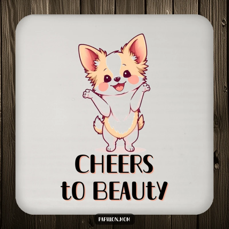 Funny Kawaii Papillon dog coaster, showing a cute French butterfly dog in a graceful pose, radiating pure delight and elegance.