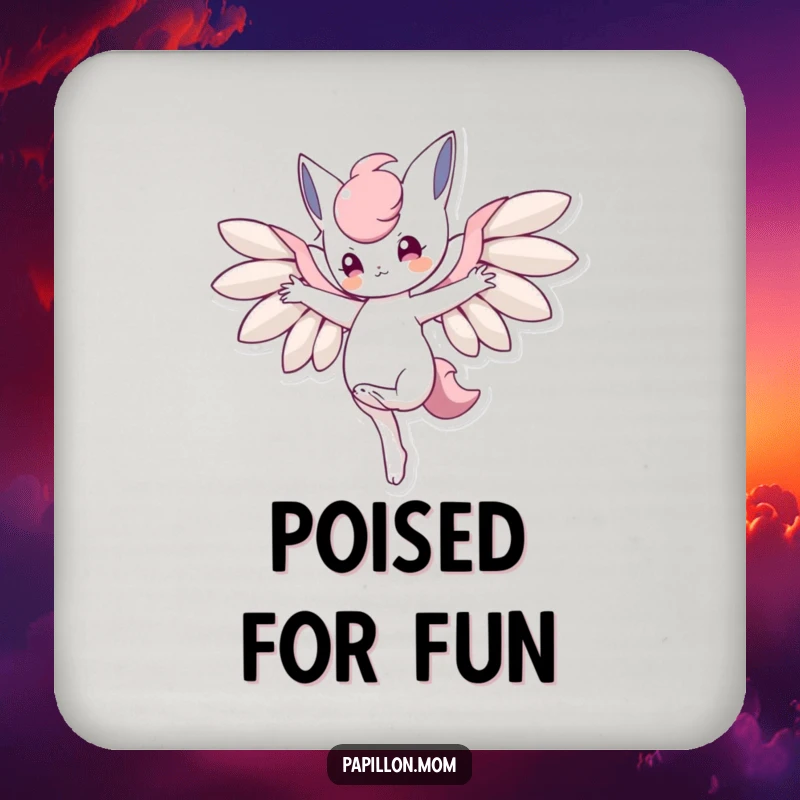 Funny drink coaster with a character balancing on one paw with wings outstretched, providing stylish protection for surfaces.