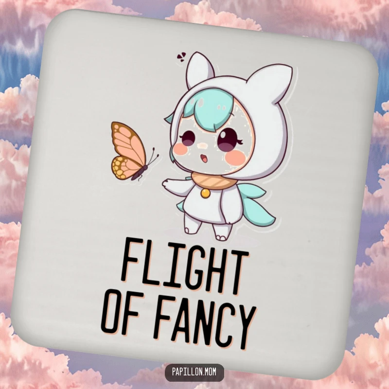 Funny drink coaster displaying a character’s expression of surprised delight upon seeing a butterfly, a functional and charming addition to any table.
