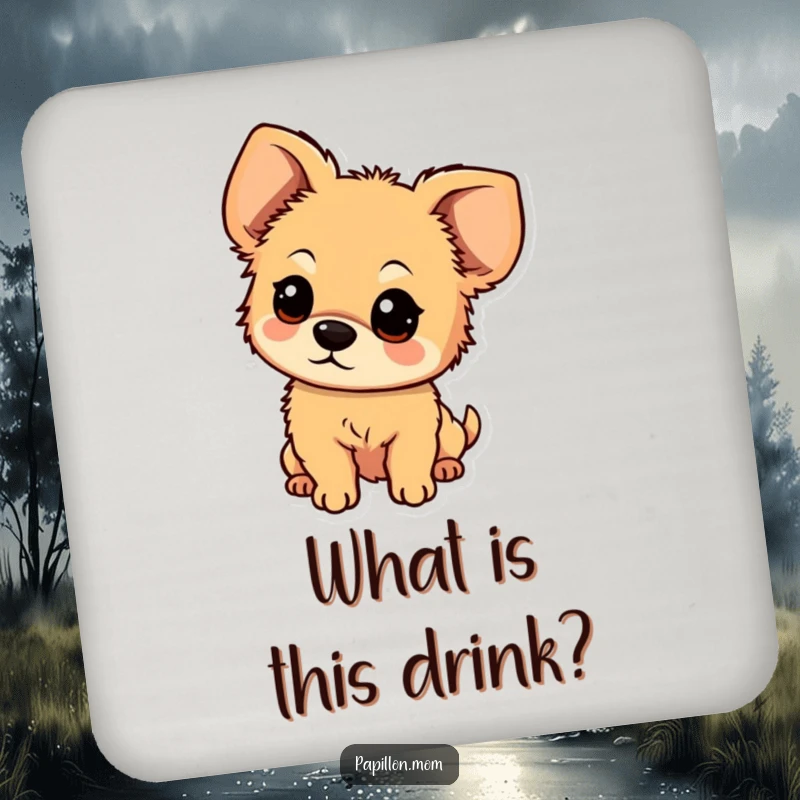 Funny coaster set featuring a small, fluffy dog with large, floppy ears looking with an expression of sweet, gentle curiosity.