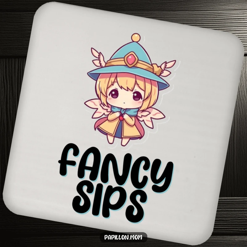Funny drink coaster showing a character with a small, elegant hat and wings, offering stylish protection for tables.