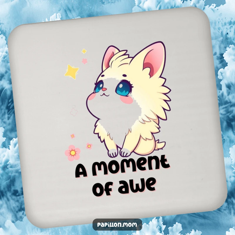 Funny Kawaii Papillon coasters featuring a cute lady looking up at the sky with eyes full of wonder and gentle charm.