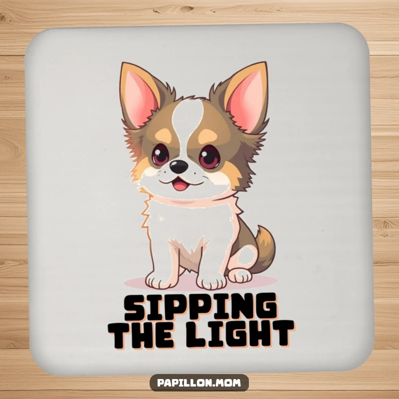 Funny Kawaii Papillon Dog Coaster with delicate ears perked, chasing a light beam, protecting surfaces with playful charm.