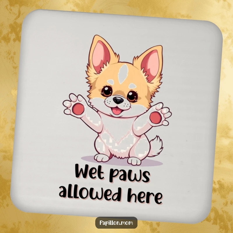 Funny Kawaii Papillon dog coaster, cute pup with paws up, protecting surfaces with playful charm.