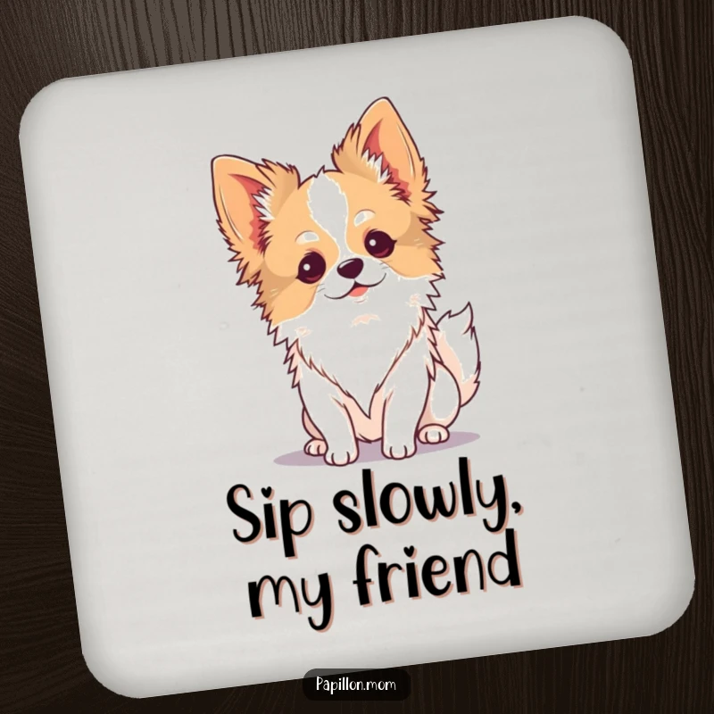 Funny Kawaii Papillon dog coaster, cute pup enjoying wind, protecting surfaces with serene grace.