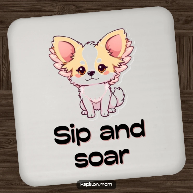 Funny Papillon dog coaster with a cute character wearing large, softly flapping wings, offering surface protection with a touch of gentle magic.