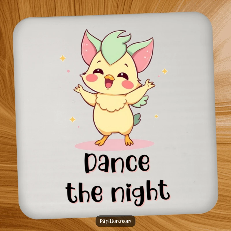Funny Papillon coaster showing a delighted Papillon dog performing a charming dance, protecting surfaces with canine whimsy and humor.