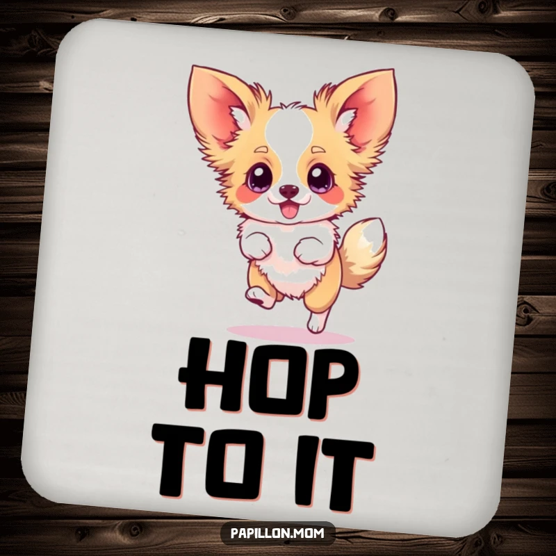 Funny Papillon drink coaster featuring a dog doing a silly hop with blurred ears, symbolizing fun and movement.