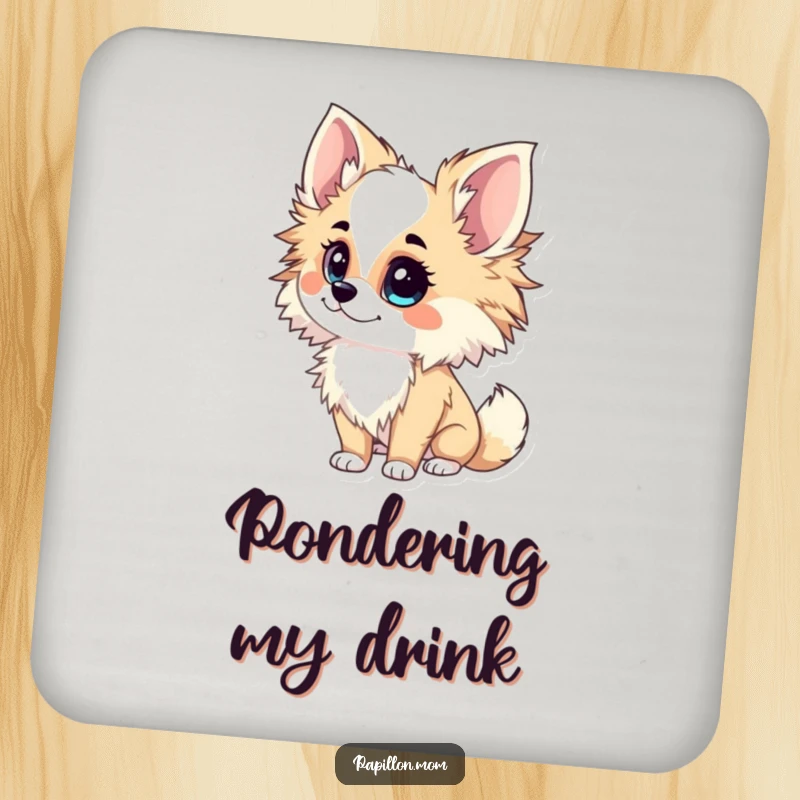 Funny Papillon Lady Coaster showcasing an inquisitive tilt of the head, adding a curious and protective element to any table.