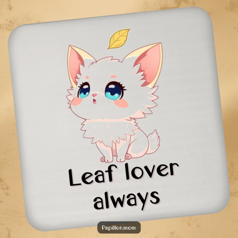 Funny Papillon drink coaster featuring a dog with sparkling eyes looking at a falling leaf, symbolizing nature's beauty.