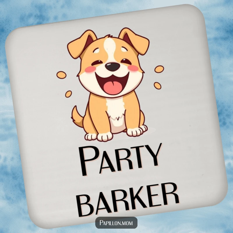 Funny barking dog coasters set, featuring happy dogs with playful sound ovals, protecting surfaces with humor.