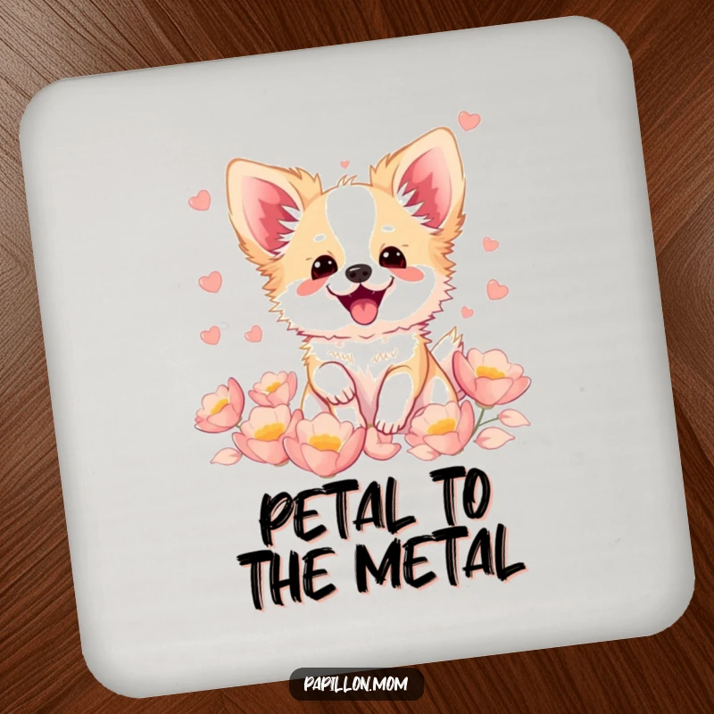 Funny Kawaii Papillon dog coaster, showing a cute French butterfly dog fluttering with excitement amidst soft petals, a charming addition to any surface.