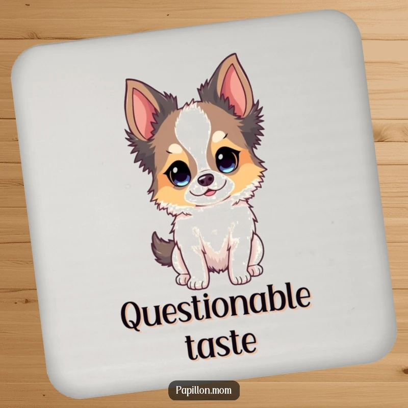 Funny Papillon dog coasters featuring a dog's bright, curious, and attentive expression, perfect for surface protection.