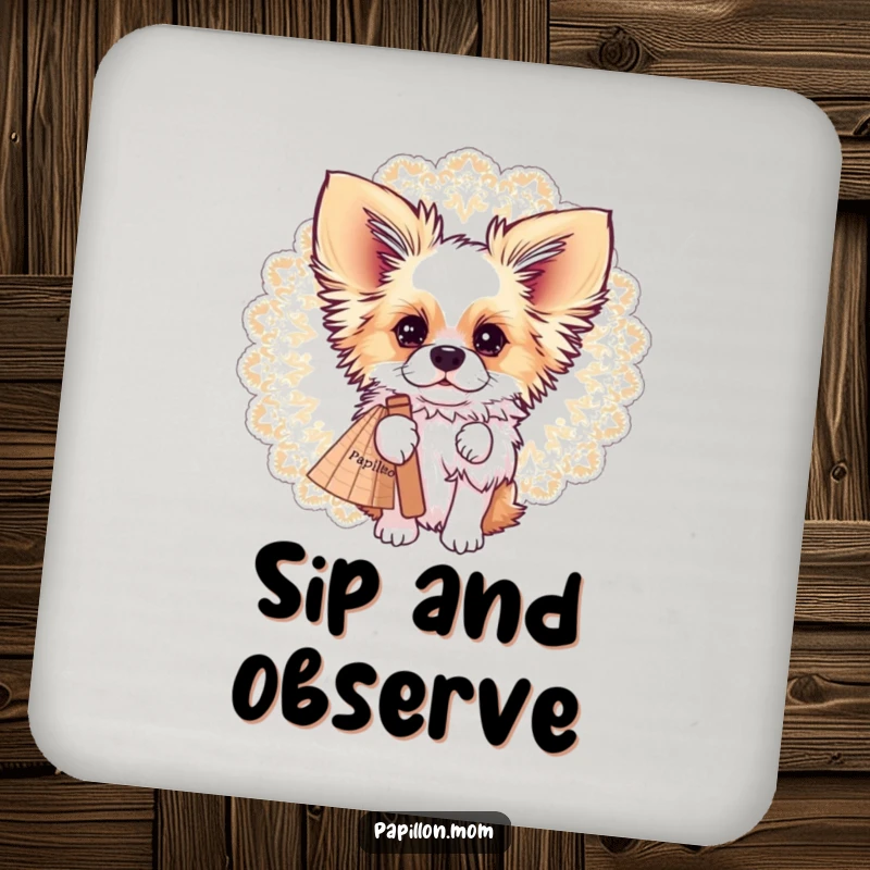 Funny Papillon dog peeking from behind a delicate lace fan, featured on a set of stylish drink coasters.