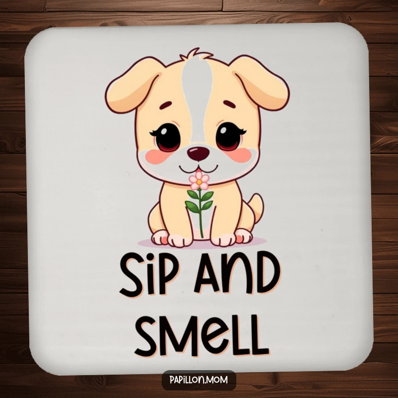 Funny drink coaster with a gentle dog character offering a small flower, protecting surfaces with canine kindness and charm.