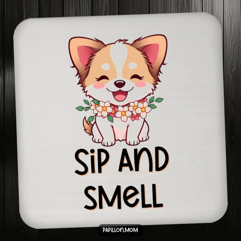 Funny Papillon dog character with a flower garland around its neck, looking joyful on a protective drink coaster.