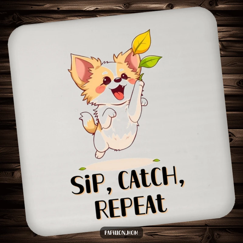 Funny Papillon dog in a spirited leap to snatch a falling leaf, featured on a set of absorbent drink coasters.