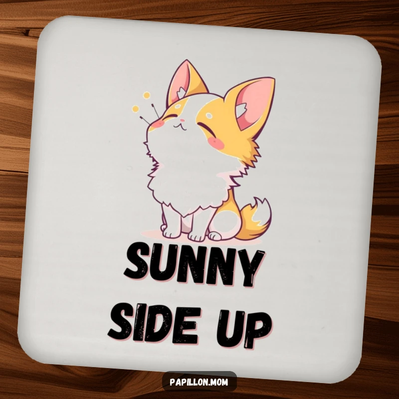 Funny Papillon drink coaster featuring a dog sighing contentedly while looking up at the sun, symbolizing peace.