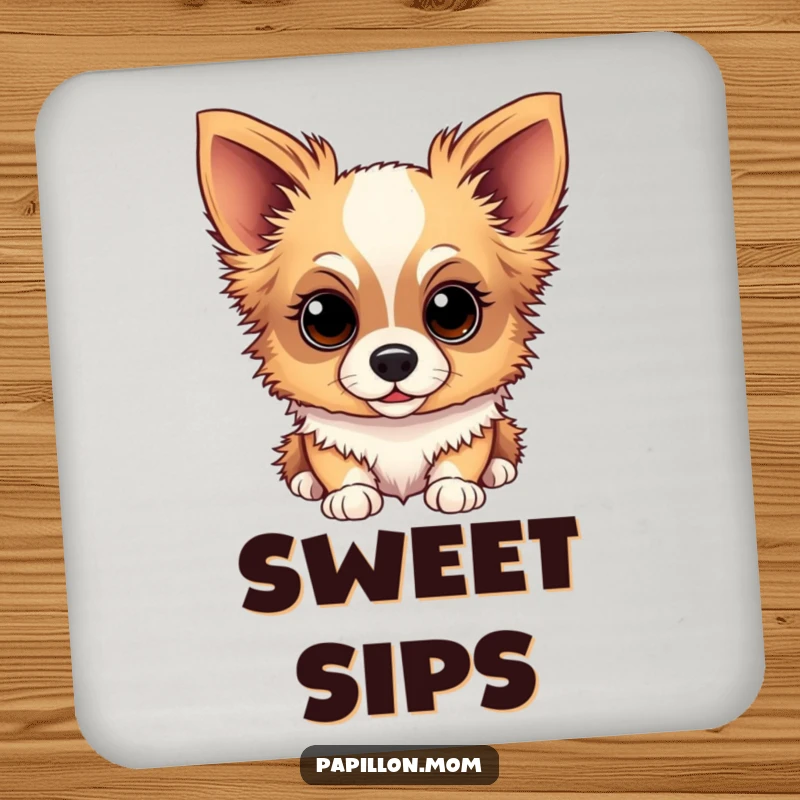 Funny Papillon dog coasters featuring a dog with a sweet, gentle, and inquisitive gaze, perfect for surface protection.