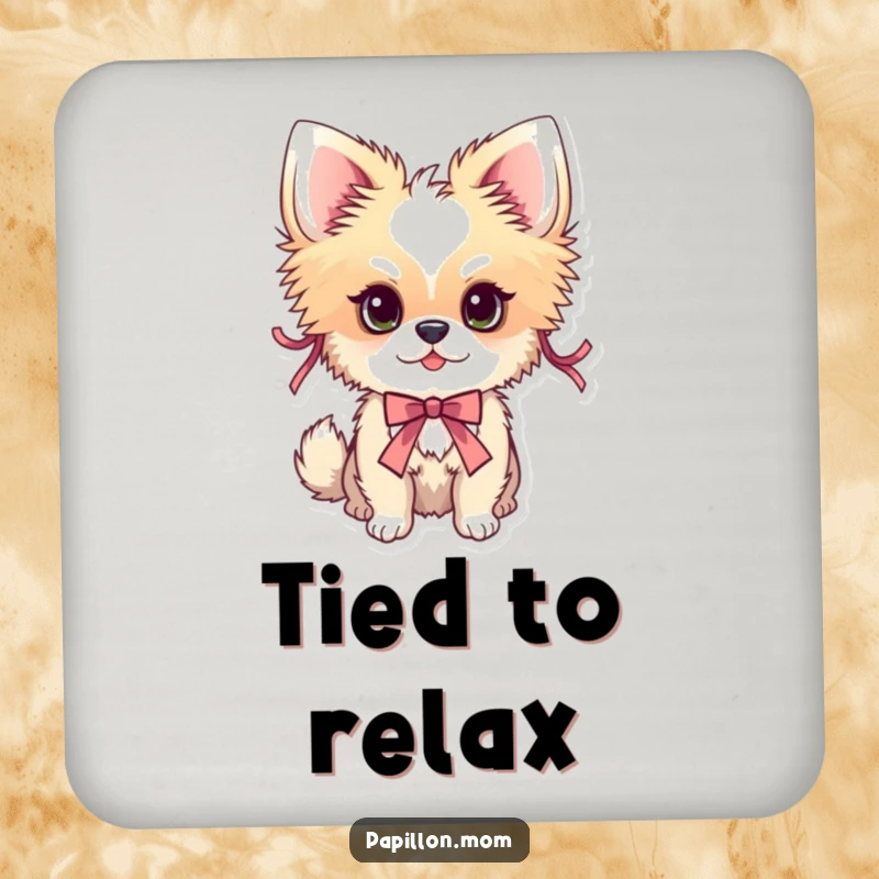 Funny Papillon dog coasters featuring a dog adorned with delicate ribbons, offering elegant surface protection.