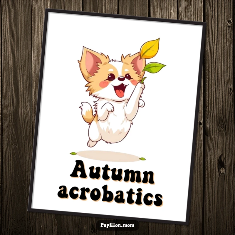 Funny Papillon dog captured in mid-air, reaching for a single falling leaf, a humorous and energetic wall art.