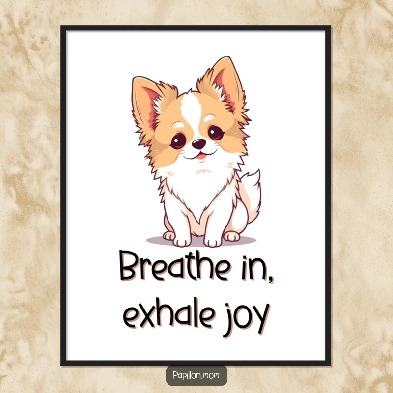 Funny Kawaii Papillon dog poster, calming artwork of a relaxed pup in a gentle breeze, peaceful wall decor.